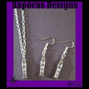 Silver Tone NYC Empire State Building Theme Dangle Earrings & Necklace Set